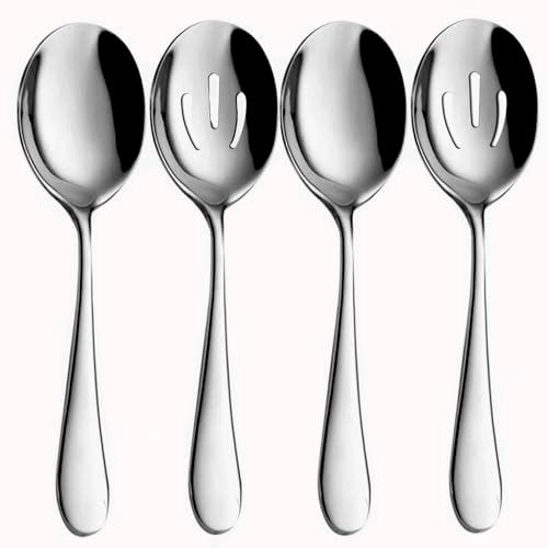 AYFDISHS 4-Piece Serving Spoon Set - Includes 2 Serving Spoons and 2 Slotted Spoons, Large Cutlery for Catering Buffet, Mirror Polished, Dishwasher Safe, 8.7 Inches, Silver