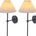 Wall Sconces Sets of 2, White Pleated Fabric lampshade Matte Black Wall Lamp, Column Bracket Wall Lighting, Bathroom Dresser Hardwired lamp Fixture, Applicable to Living Room, Bedroom and Dining Room (19.29 inches)
