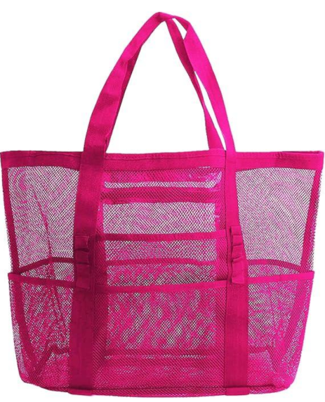 Mesh Beach Bag-Large Tote Bag for Family, Tote Bag with Zipper Pocket for Pool, Toys & Vacation Essentials, Rose Red