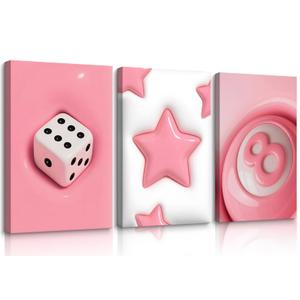PXISMZZYXGS 3 Piece Pink Y2K Wall Art, 16x24 Inch Trendy Funky Preppy Dice Star Lucky 8 Ball Canvas Prints, Ready to Hang for Girls Room Dorm Bedroom Game Room Apartment
