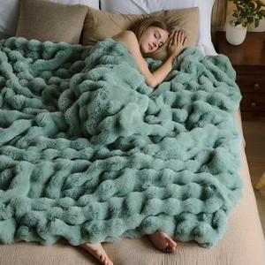 Lotus Karen Faux Fur Throw Blanket Sage Green - Big Bubble Rabbit Fluff Blanket for Couch Bed Sofa, Softest Fluffy Fuzzy Cozy Blanket, Plush Thick Furry Shaggy Warm Blankets for Women,90x90 Inches