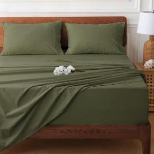 HYPREST Deep Pocket Queen Sheet Sets Fits 18"-24" in Deep Mattress -100% Cotton Queen Sheet Set,Green Hotel Luxury Soft Wrinkle Free Cooling Sheet Sets for Queen Bed (Dark Olive)
