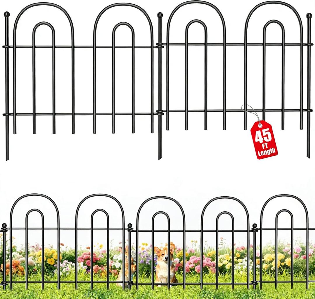 AMAGABELI GARDEN & HOME 32 Panels 13in(H)45ft(L) Decorative Garden Fences and Borders for Dogs Fencing Animal Barrier No Dig Rustproof Metal Fence Panels with Ground Stakes for Flower Bed Fence Black