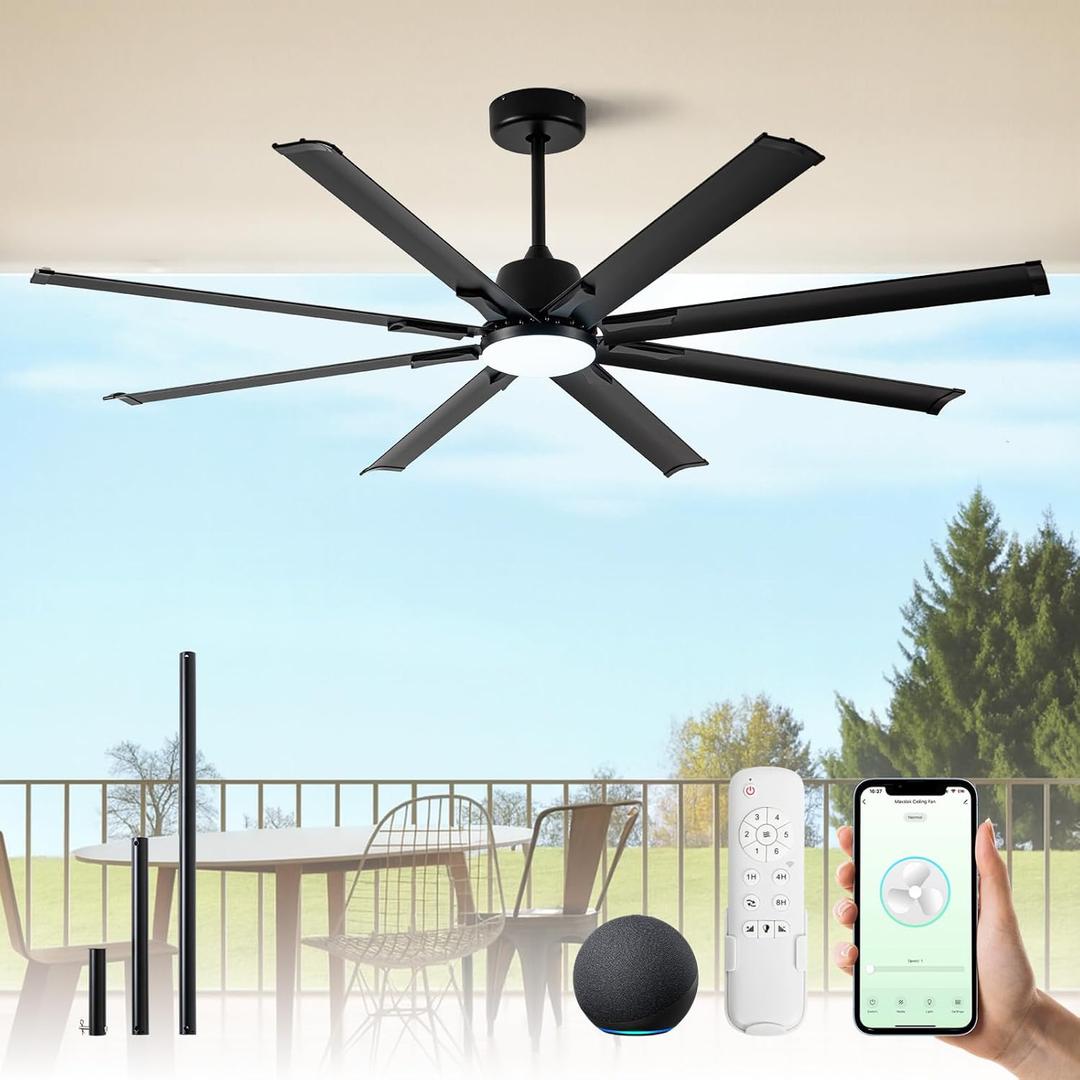72In Black Aluminum Ceiling Fan with Light,Smart ceiling fan with Alexa and APP(via WIFI),6 Speed,3CCT,Quiet DC Outdoor Indoor fan for patio and Living Room