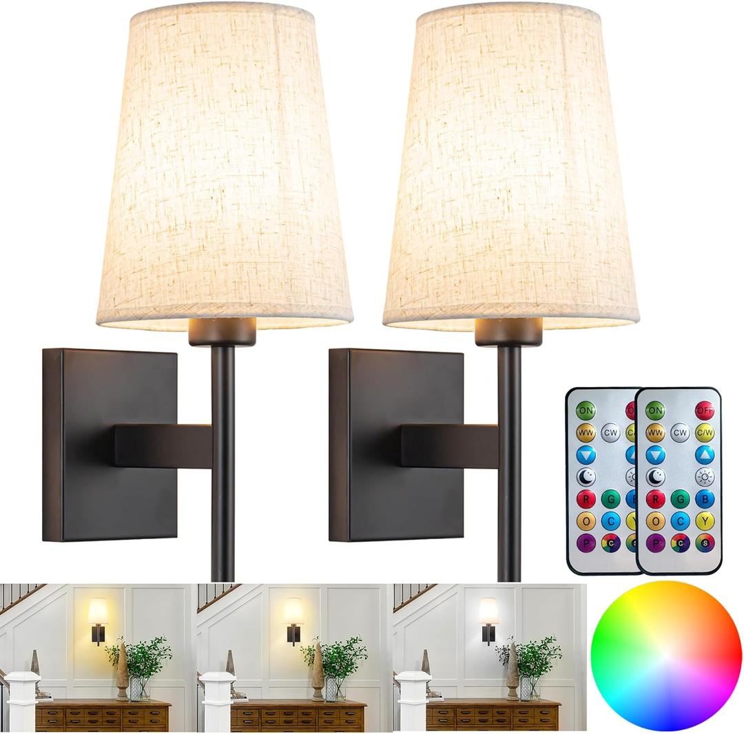 Battery Operated Wall Sconces Set of Two,Battery Operated Wall Lights with Remote, Fabric RGB Color Changing Dimmable Wall Lamp for Bedroom Living Room, Easy to Install (Color : Black)