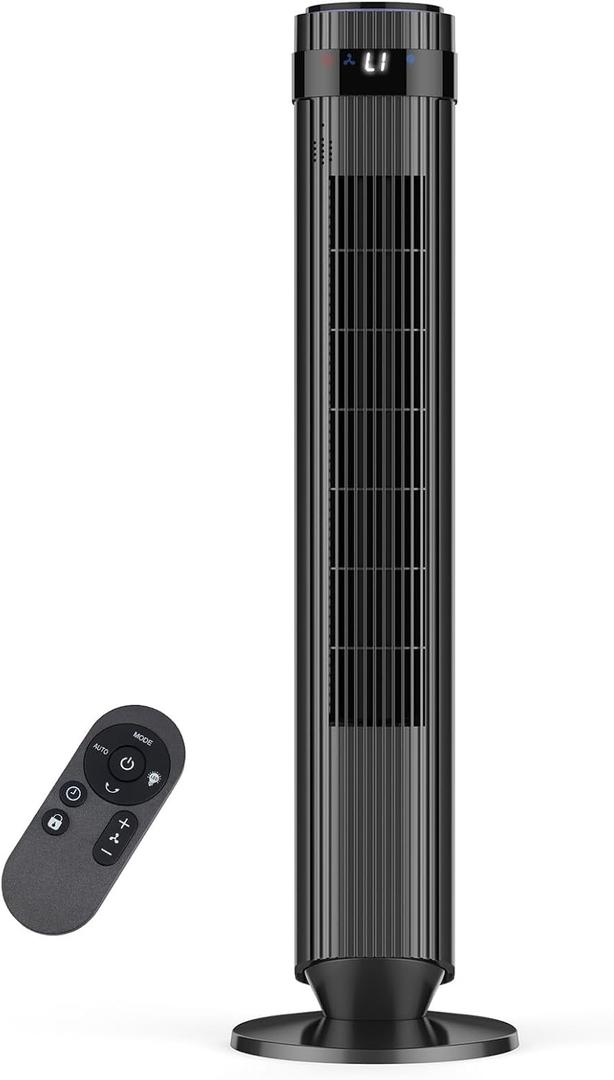 OLIXIS Tower Fan for Bedroom, 28dB Quiet Floor Standing Fan with Remote, 12H Timer, 5 Speeds, 4 Modes, LED Display, Portable Bladeless Oscillating Cooling Fan for Indoor, Home, Office - Black
