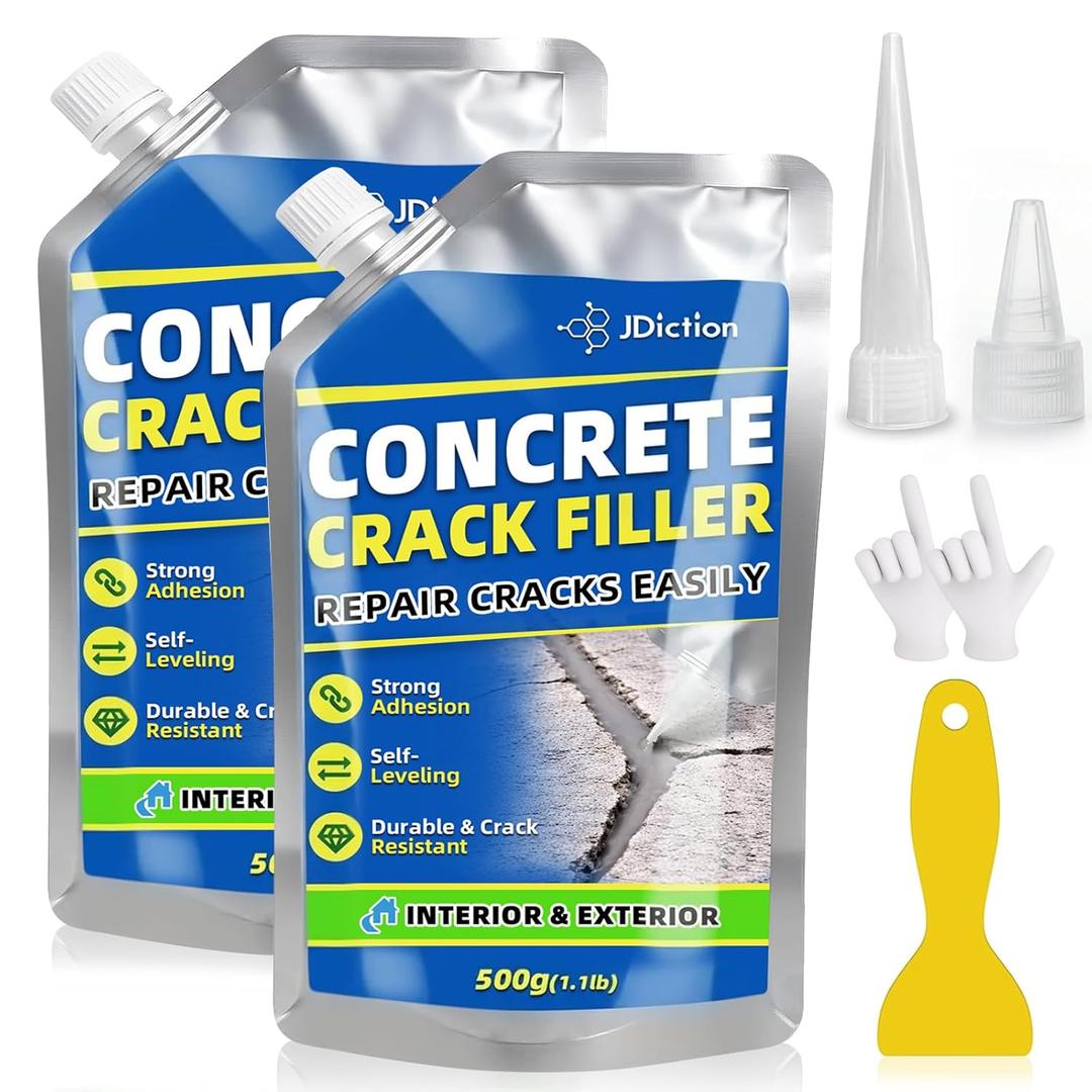 Concrete Crack Filler, 2.2lb(1kg) High Elasticity Self-Leveling Cement Crack Filler for Driveway, Walkway, Patio – Easy Repair Solution Indoor & Outdoor, 2 Pack