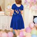 Arshiner Girls Summer Dress Tie Back Short Sleeve Square Neck Tiered Midi Casual Dresses with Pockets (Blue, L)