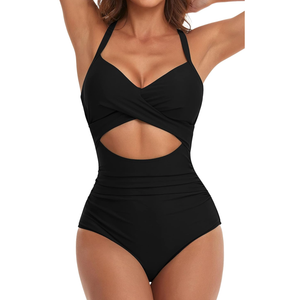 Women's One Piece Swimsuits Tummy Control Cutout High Waisted Bathing Suit Wrap Tie Back 1 Piece Swimsuit, S