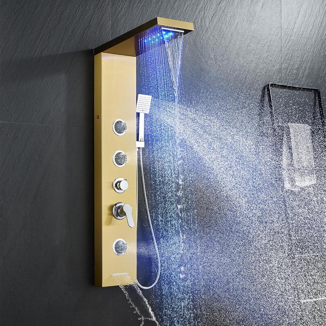5-in-1 LED Shower Tower, Gold Stainless Steel Rainfall & Waterfall