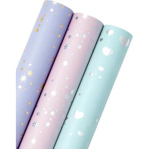 WRAPAHOLIC Wrapping Paper Roll - Mini Roll - 3 Rolls - 17 inch X 120 inch Per roll - Pastel Color and foil Patterns for Wedding, Bridal Shower, Birthday, Baby Shower, Mother Day, Valentine's Day