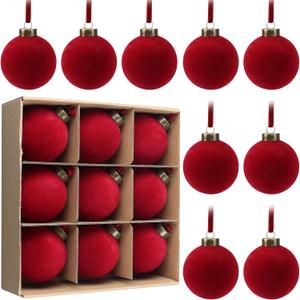 9 PCS Christmas Velvet Balls Flocked Xmas Tree Ball Ornaments Christmas Large Ball Set Xmas Tree Hanging Decoration 4 Inch, 6 Inch (Red, 3.15inch)