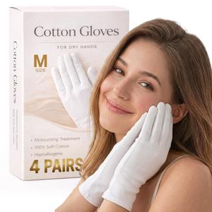Cotton Moisturizing Gloves for Dry Hands, Overnight Sleeping Gloves for Women and Men, Reusable White Cotton Hand Mask to Boost Lotion Absorption, Soft Breathable Gloves (M, Count, 4.0)