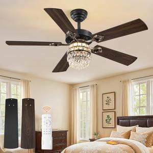 Fanbulous 48 Inch Crystal Chandelier Fan with 22w LED, Fandelier Ceiling Fan with Light, Dimmable, 3CCT, 6-Speeds, Quiet DC Motor, Ceiling Fan Chandeliers, Modern Ceiling Fans for Bedroom, Living Room (Black)
