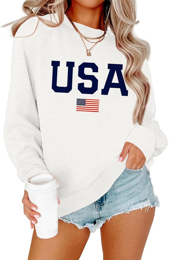 Dressmine Womens USA Shirt Casual Long Sleeve Graphic Tees Knit Crew Neck Sweatshirts Loose Pullover (White, XXL)