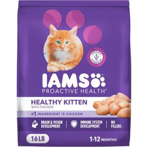 IAMS Proactive Health Kitten Dry Cat Food, Healthy Kitten Food Dry Recipe with Real Chicken in Every Bite, 16 Lb. Bag (EXP 11/01/26)