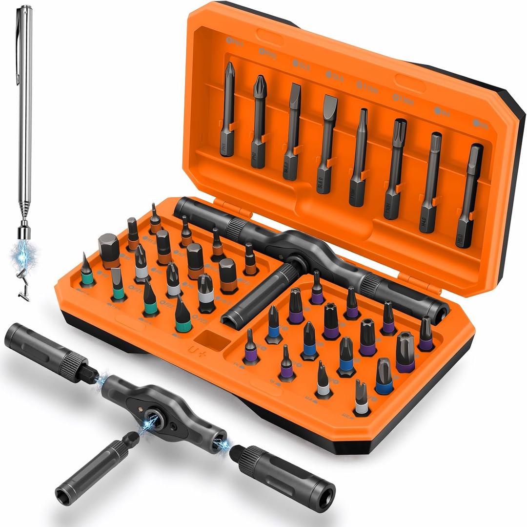KELIN Magnetic Ratchet Screwdriver Set, 43 in 1 T Handle Ratchet Screwdriver Kits with S2 Steel Bits, Ratcheting Screwdriver for Home Daily Repair, DIY Projects, Ideal Gift for Men Husband (Orange)