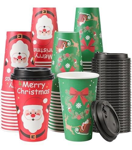 80 Pack Christmas Coffee Disposable 16 OZ Paper Cups with Lids and Straws Christmas Hot Chocolate Cups for Xmas Party Hot and Cold Drinks Tea Water Serving