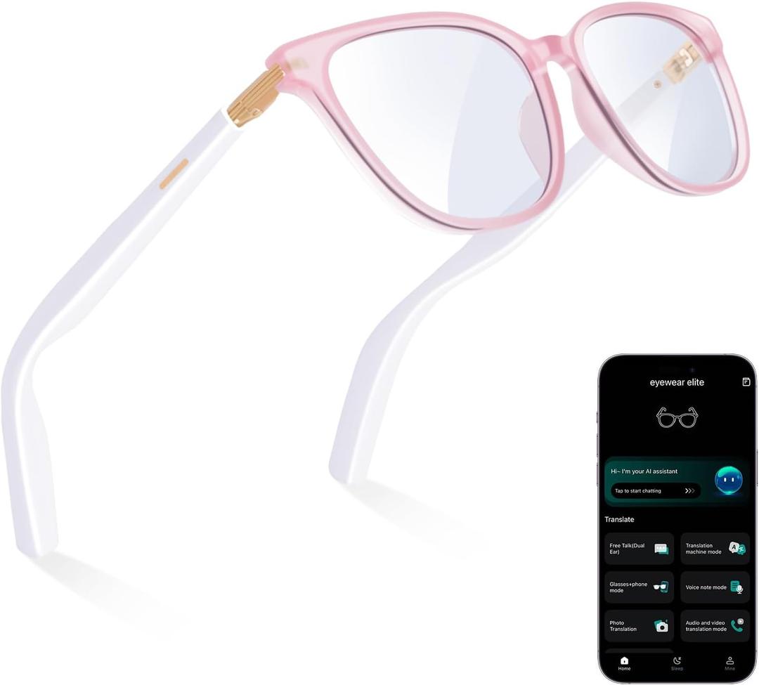 AI Smart Glasses for Men & Women – Powered by ChatGPT, Real-Time Translation, Bluetooth Glasses with Photochromic Lens, Music & Hands-Free Calling, UV & Blue Light Protection, Thin Temples (Pink) 