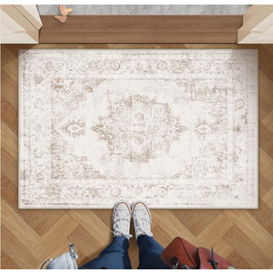 ANDENCY Area Rug 2x3 Vintage Rug: Small Washable Indoor Medallion Entryway Rug Low Pile Distressed Floor Carpet Retro Accent Doormat for Bedroom Bathroom Hallway Kitchen Home Office(Beige, 2'x3')