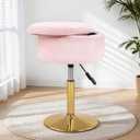 LITZFUR Adjustable Vanity Stool with Storage, 360 Swivel Gold Chair, Faux Fur Small Round Ottoman Footrest for Bathroom, Makeup Room, Pink