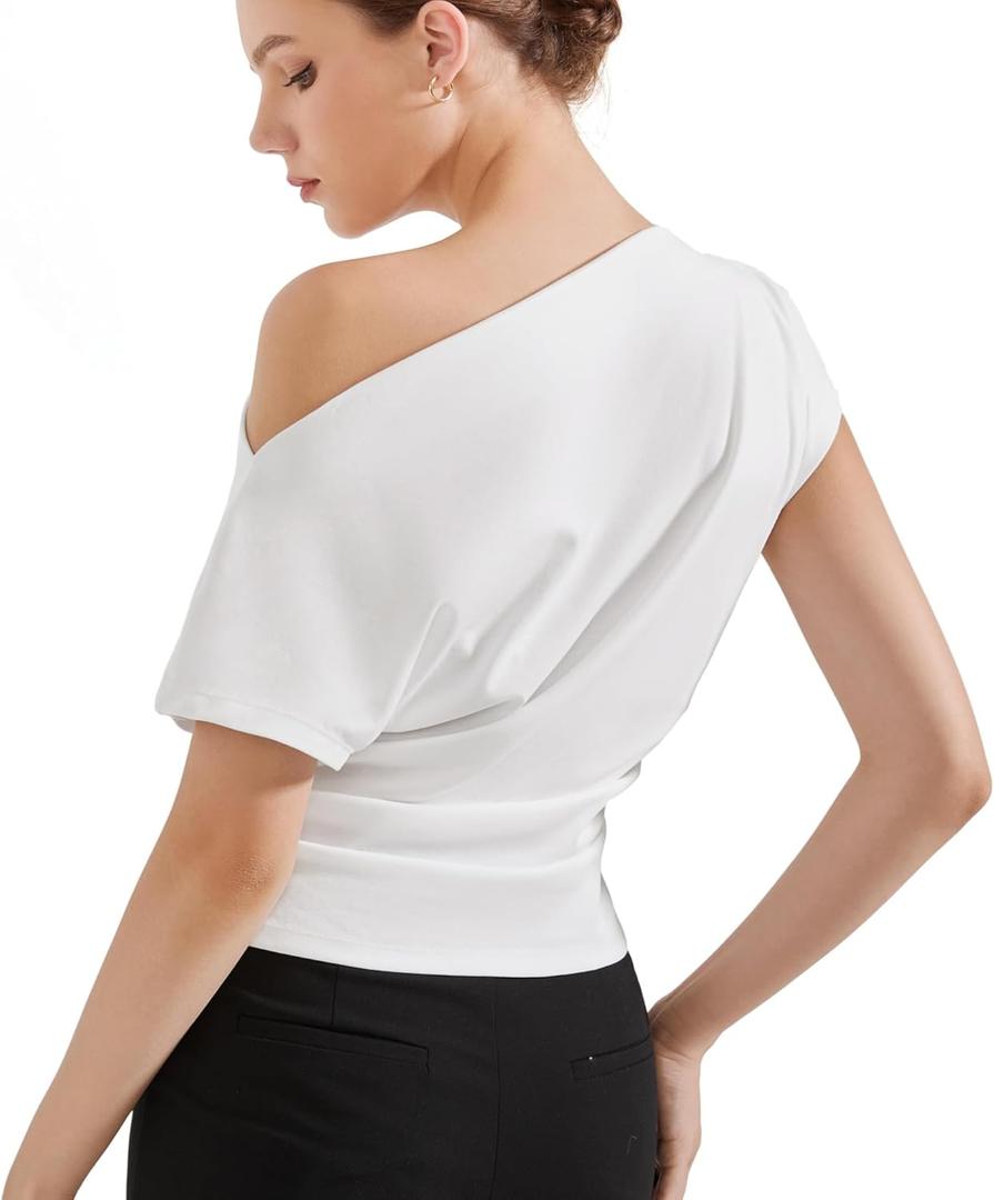 SUUKSESS Women Off The Shoulder Summer Tops One Shoulder T Shirt Casual Short Sleeve Boat Neck Tees (XL, White)