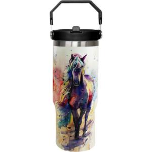 30oz Horse Tumbler With Handle and Straw - Insulated Leak Proof Travel Coffee Mug, Reusable Stainless Steel for Horse Lovers, Gifts for Women, Yellow Black