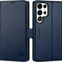 SHIELDON Wallet Case for Galaxy S25 Ultra 6.9", Genuine Leather Folio Case with Kickstand RFID Blocking Card Holder Magnetic Protective Phone Cover Compatible with Galaxy S25 Ultra 2025 - Navy Blue