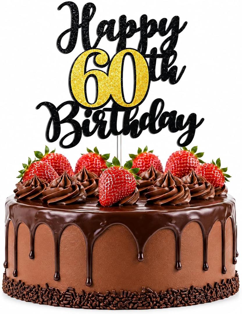 20 x 60th Birthday Cake Topper for Men & Women, Black and Gold Party Decorations, One Size