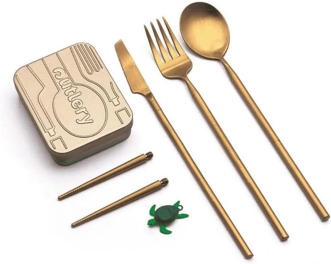 Outlery | Portable & Reusable Stainless Steel Travel Cutlery Set and Reusable Chopsticks (Metallic Gold) Pocket Sized Cutlery Set