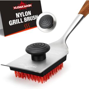 XUDAKAIXIN Nylon Grill Brush, Dual Grip Design, with Extended Luxurious Acacia Wood Handle, Safe Nylon Bristles Barbecue Outdoor Grill Brush for Cooled Grates(Red)