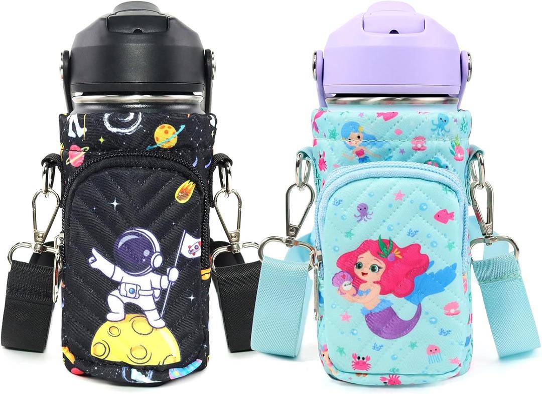 Water Bottle Carrier Bag for Kids, Insulated Holder With Adjustable Strap for 10/12/14/16/18oz Bottles, Sleeve for Boys Girls School Travel Sports (2 Packs-Mermaid+Astronaut)