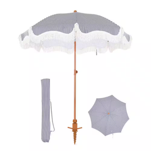 7 ft. Metal Beach Umbrella in Navy Strips with Tassel Design and Cover