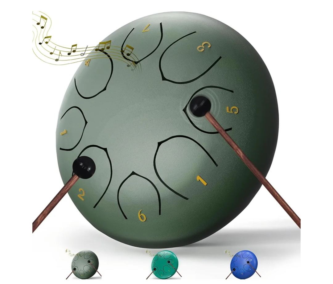 Rain Drum for Outside Garden, 6 Inches 8 Notes Steel Tongue Chakra Drums, Waterproof Meditation Rain Chime, Musical Instruments for Adult Gift with Bag, Music Book, Drum Mallets (Green)