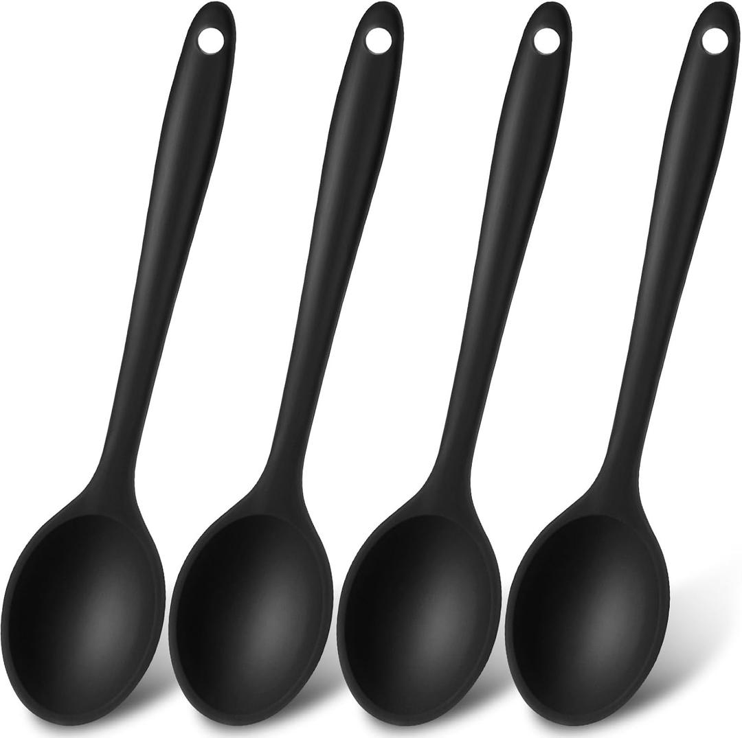 Patelai 4 Pieces Small Multicolored Silicone Spoons Silicone Serving Stirring Spoon for Kitchen Nonstick Cooking Baking Stirring Mixing Tools(Black)