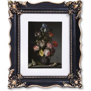 8x10 Vintage Picture Frame with Embossed Flower Design, Black Ornate Frame for 8x10 or 5x7 Pictures with White Mat, Hand-Crafted Resin Antique Frames for Tabletop & Wall Hanging, Home Decor (Black)