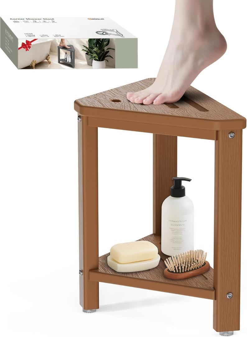 Teak Shower Foot Rest 15in, HDPE Waterproof Shower Stool for Inside Shower, Corner Shower Stool for Shaving Legs with Storage Shelf for Small Space, Shower Step Stool, Plastic Corner Shower Bench