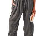 TARSE Womens Linen Wide Leg Pants Casual Loose Drawstring Summer Beach Travel Vacation Palazzo Harem Pants with Pockets M 33", Gr