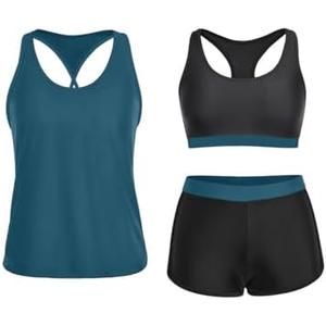 Yonique 3 Piece Athletic Tankini Swimsuits for Women with Shorts Swim Tank Tops with Sports Bra and Boyshorts Bathing Suits, Size XL