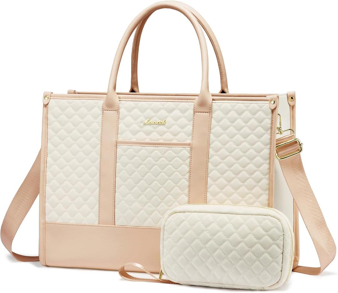 LOVEVOOK Laptop Bags for Women, 15.6 inch Waterproof Work Tote Bag with Clutch, Professional Teacher Computer Purse Lightweight Shoulder Bag Travel, Quilted Beige & Brown LOVEVOOK Laptop Bags for Women, 15.6 inch Waterproof Work Tote Bag with Clutch, Professional Teacher Computer Purse Lightweight Shoulder Bag Travel, Quilted Beige & Brown