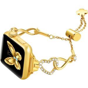 fastgo Gold Compatible with Apple Watch Band Women Bling 38mm 40mm 41mm 44mm 49mm 45mm 42mm, Infinity Heart Charm Slim Diamond Metal Bracelet Rhinestone Strap for Iwatch SE & Series 9 8 7 6 5 4 3 2 1