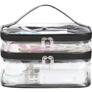 HAOGUAGUA Double Layer Clear Cosmetic Bag Makeup Bag, Waterproof Travel Toiletry Bag, Transparent PVC Pouch Organizer (Black-large)