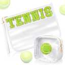 Party Greeting 2Pcs Tennis Gifts Tennis Chenille Makeup Bags Portable Travel Cosmetic Bag with Zipper Preppy Patch Letter Bag Waterproof Storage Purse Flat Clear PVC Organizer for Women