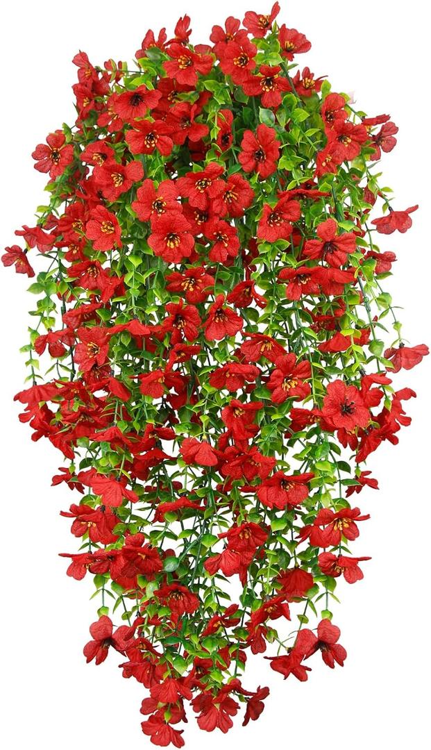 4 Pcs Artificial Hanging Flowers for Outdoors Spring Summer Faux Silk Daisy Flowers UV Resistant Realistic Fake Hanging Plants for Outside Home Indoor Planter Porch Garden Yard Decor Red