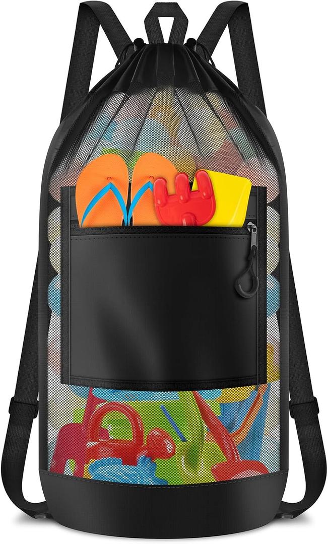 BROTOU Beach Mesh Backpack with Double Shoulder Strap, Large Mesh Beach Toy Bag, Drawstring Sand Toys Bag with Top Handle, Pool Bag for Beach Trips, Balls Storage Bags