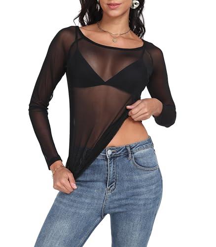 Womens Mesh Tops Long Sleeve Sheer Shirts Fitted Crewneck See Through Sexy Top Clubwear Party Club Night Blouses, Black, XL