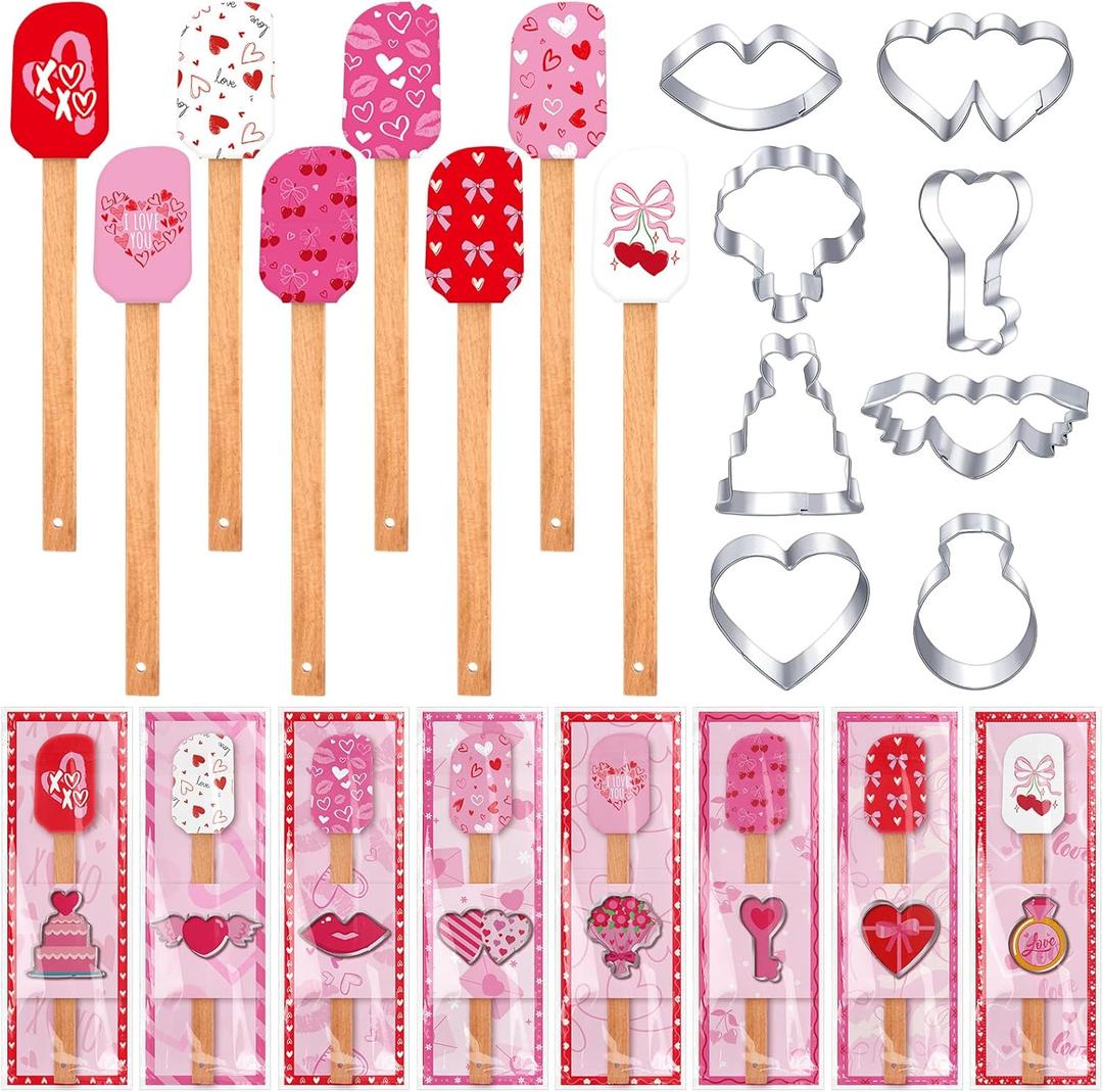 Remerry 24 Pcs Valentine's Day Silicone Spatulas and Cookie Cutters Set Include 8 Spatulas 8 Stainless Steel Cookie Cutters 8 Cards Valentine's Baking Gift for Anniversary Celebration Decoration