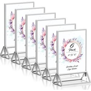 Clear Acrylic Sign Holder 4X6 with Silver Borders Display Stand, Double Sided Acrylic Picture Frames Plastic Sign Holder for Wedding Table Numbers Menu Holder (6 Pack)