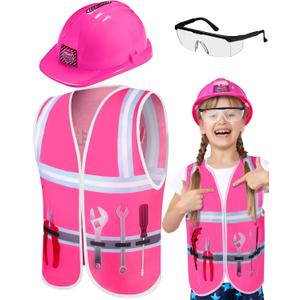 Handepo Construction Worker Costume Kids Hard Hat Construction Vest Goggles Toddler Dress Up Set Birthday Party Girls Boys(Pink, Black)
