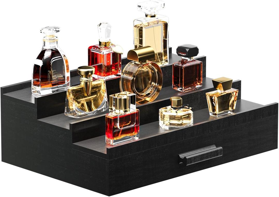 Cologne Organizer for Men,3 Tier of Elevated Cologne Display Stand with Drawer Storage,Wood Cologne Display,Perfume Organizer and Storage Display Risers,Great Gift for Men (Black)